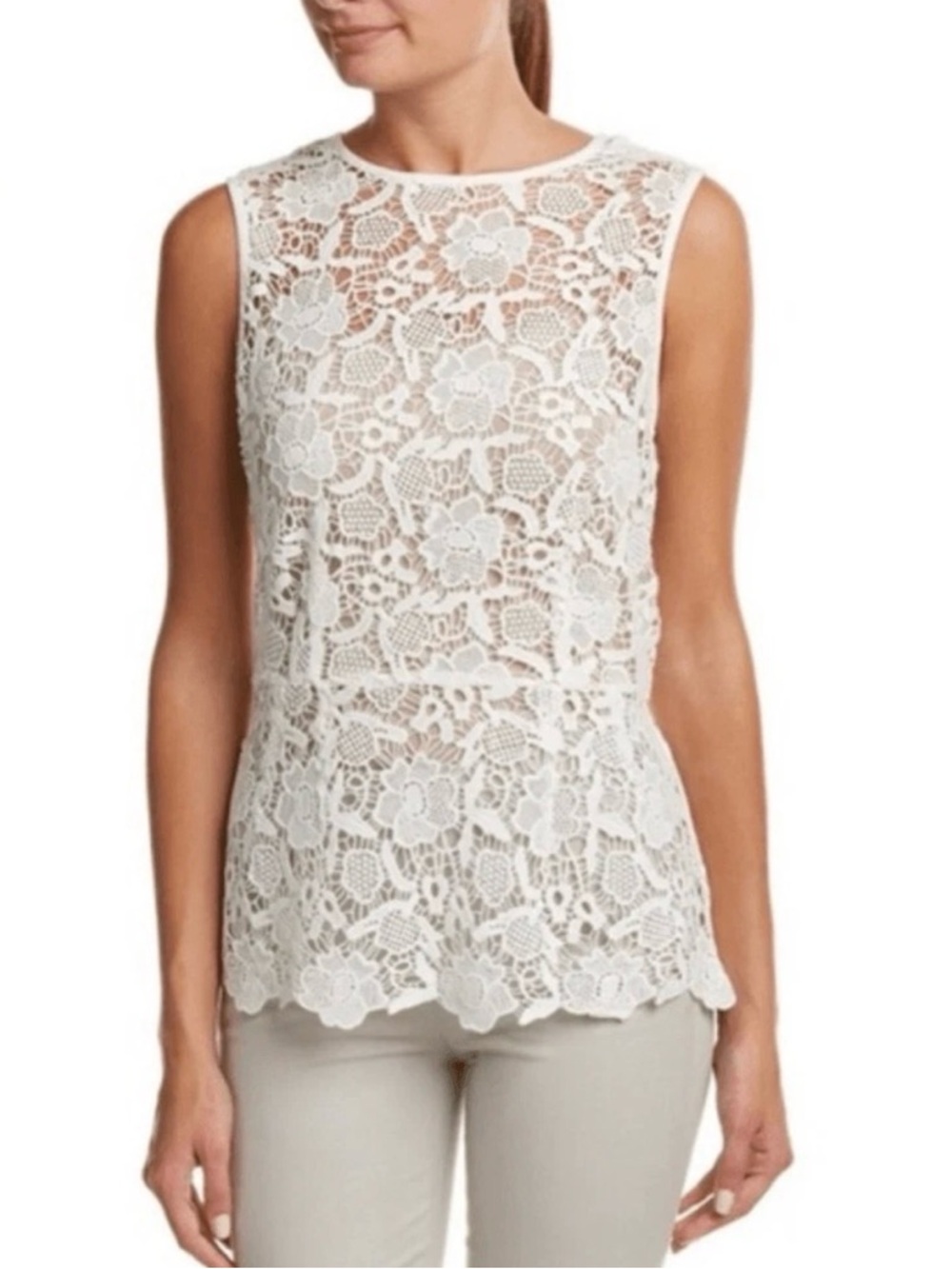 CAbi White Lace Sleeveless Peplum Top Floral Crochet Blouse Size M - Picture 1 of 8